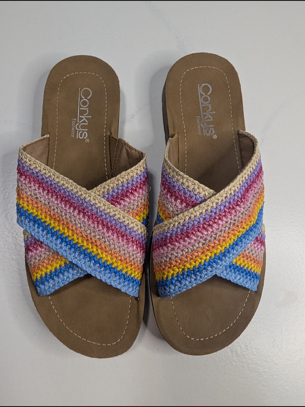 Corkys Dig It Multi Crochet Sandals Womens Size 8 Rainbow Slide Comfort